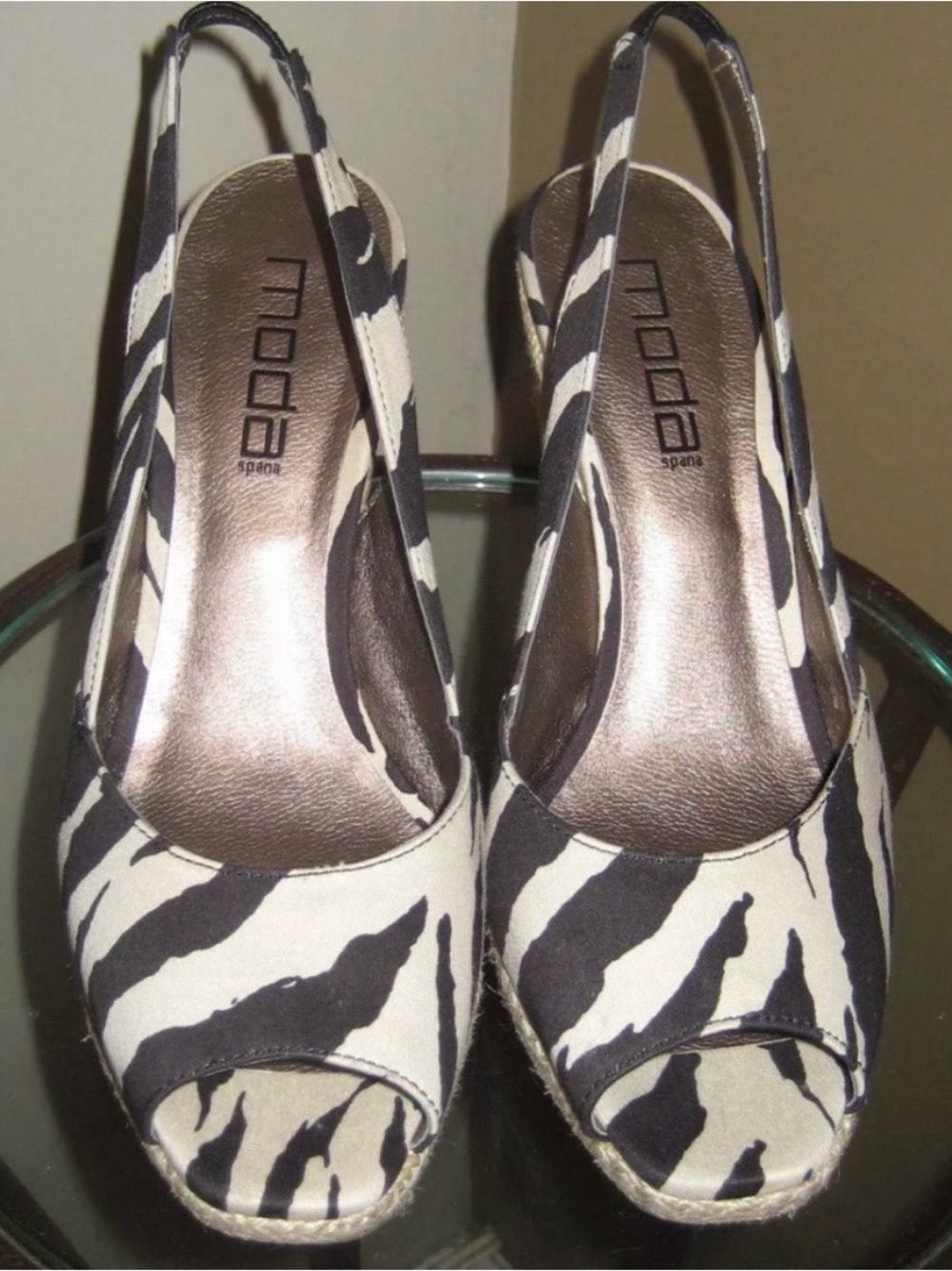 Moda Spana Zebra Print Black & Cream Slingback Wedges